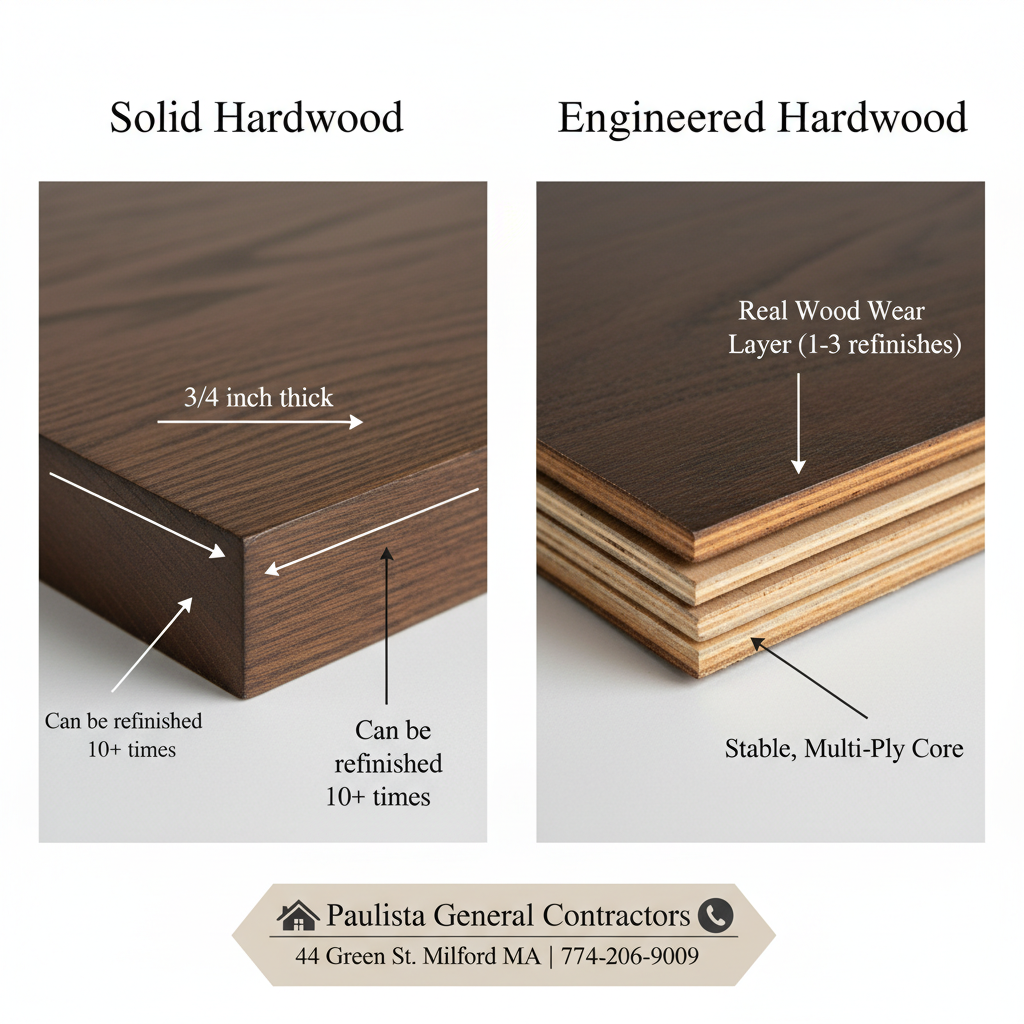 Hardwood vs engineered wood flooring comparison at Paulista General Contractors showroom in Milford MA